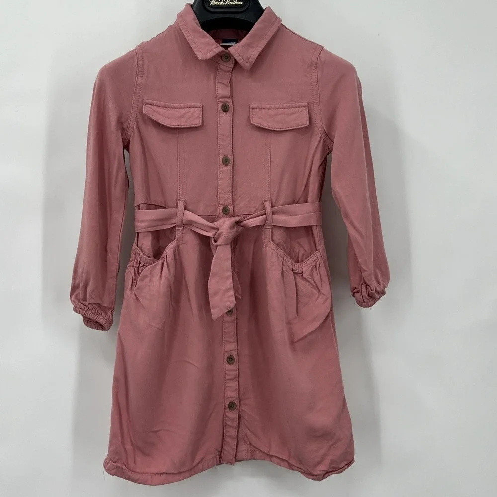 Old Navy Button Up Shirt Dress Belted Balloon‎ Sleeves Sz 5T Pink Pockets